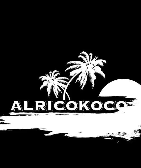 Logotipo de Alricokoco en blanco sobre fondo negro con palmeras, sol y trazo de pincel bajo el nombre