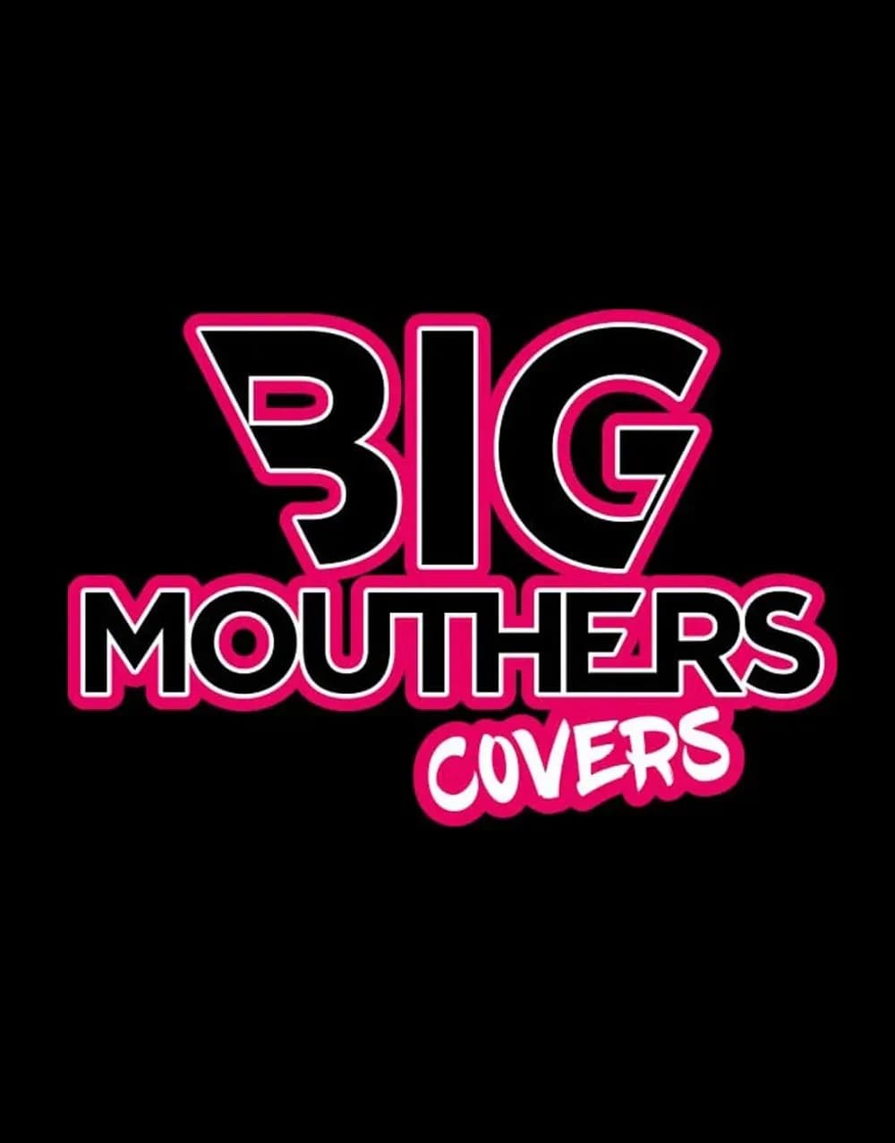 Logotipo Big Mouthers Covers en rosa fucsia sobre fondo negro, banda de versiones internacionales residente en Luz de Gas
