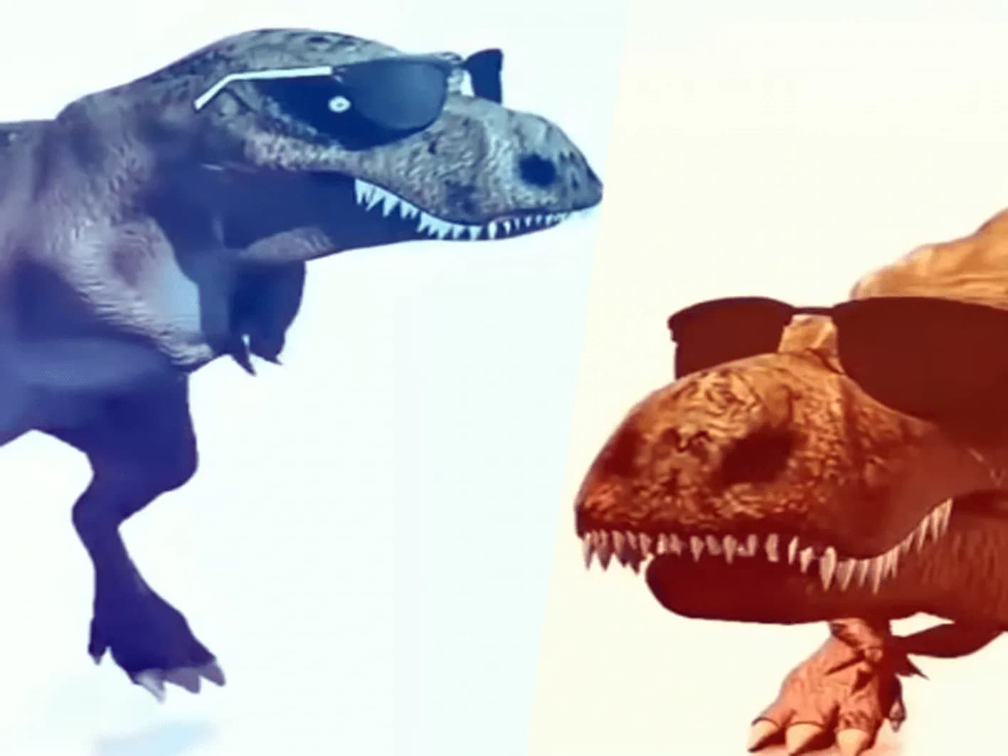 Ilustracion estilo Hunder a Button con dos cabezas de tiranosaurio con gafas de sol enfrentadas sobre fondo blanco